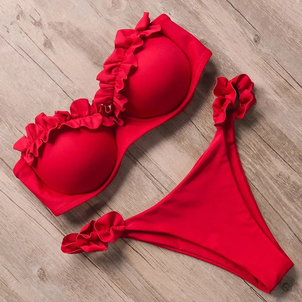 Imagen de Bikini Sexy con Volantes y Sujetador Push-Up para Mujer, Traje de Baño Bandeau con Copa, Conjunto de Dos Piezas con Efecto Aumentador