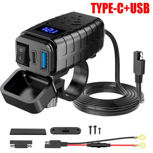 Bild von Wasserdichtes Motorrad-USB-Ladegerät mit 12V Netzteil, Schalter und Voltmeter – Universelles Ladegerät für Handy, GPS und Elektronik am Motorrad
