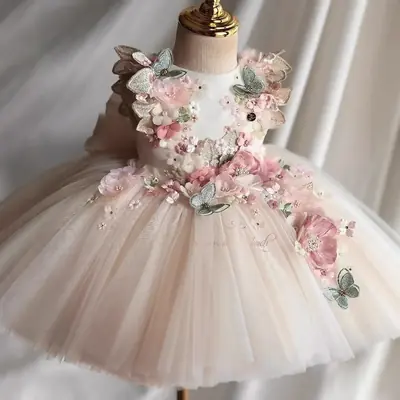 Image de Robe de Fête Rose Tulle Papillon pour Filles