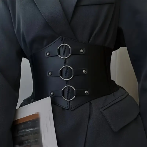Immagine di Cintura Gotica a Corsetto con Tripla Fibbia e Borchie in Metallo Nero, Elastica e Regolabile per Donne, Stile Punk Rock, Perfetta per Cappotti e Abbigliamento Alternativo