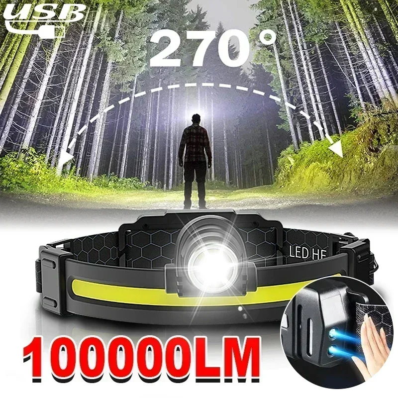 Immagine di Potente lampada frontale a LED 7 modalità XPE + sensore COB faro testa torcia torcia lampada frontale con batteria 18650 per la caccia alla pesca