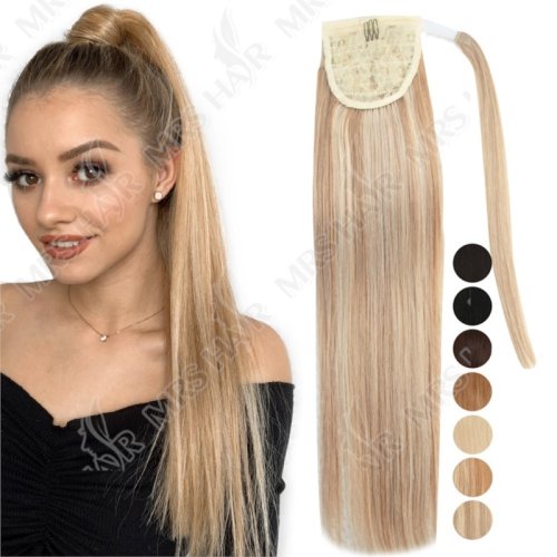 Image of Real Remy Human Hair Clip-In Ponytail Extensions – Natural Look Horsetail Style in Blonde, Brown & Black