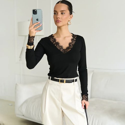 Afbeelding van Tornova V-Hals Kanten T-Shirt Top voor Vrouwen - Sexy Navel Blootgesteld Trui met Mode Splice, Hot Girl Club Party Top, Herfst Nieuwe Dame T-Shirt