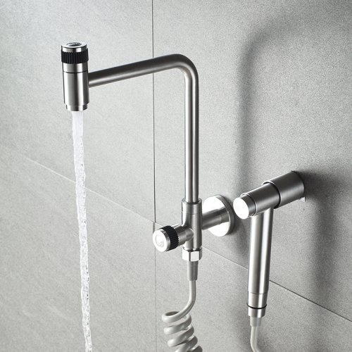 Imagen de Grifo de Cocina de Agua Fría con Montaje en Pared o Cubierta, Grifo Giratorio para Baño y Puerta Exterior en Acero Inoxidable 304