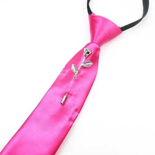 Image de Cravate Paresseuse 38 cm avec Broche Fleur - Noir & Rouge