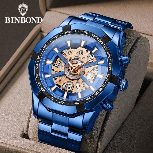 Image of Elegant Men's Quartz Watch with Stainless Steel Band, Blue Dial, Waterproof Design and Hollow-Out Case - Luxury Timepiece for Modern Gentlemen