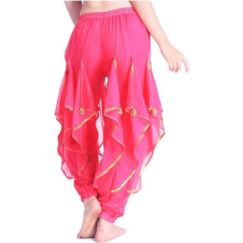 Immagine di Pantaloni Harem lunghi in chiffon per danza del ventre Pantaloni tribali arabi di Halloween con pantaloni da ballo da donna con finiture dorate