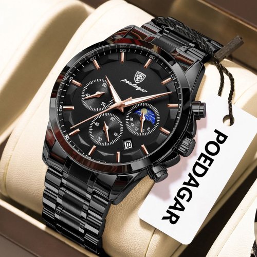 Immagine di Orologio da Uomo in Acciaio Inossidabile Impermeabile con Display Luminoso, Cronografo e Data - Elegante Orologio da Polso al Quarzo per Affari
