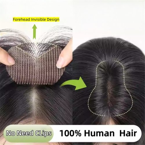Image of Natural-Looking Human Hair Topper with Invisible Forehead Design – Magic Paste Application, No Clips, Bangs & Fringe to Cover Gray Hair for Women