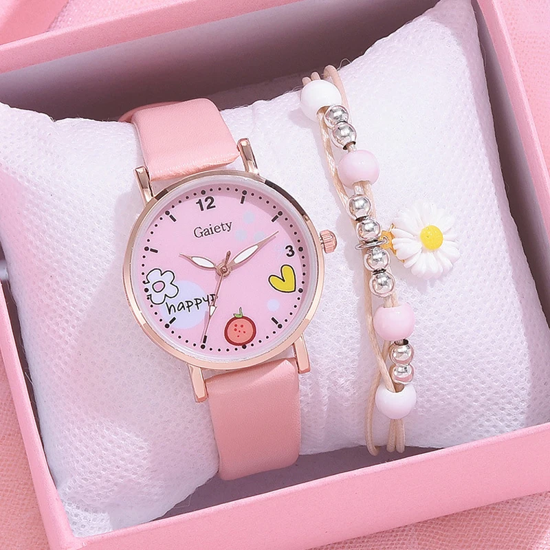 Bild von Süße Rosa Kinderuhr mit Cartoon-Muster – Mode-Armbanduhr für Mädchen