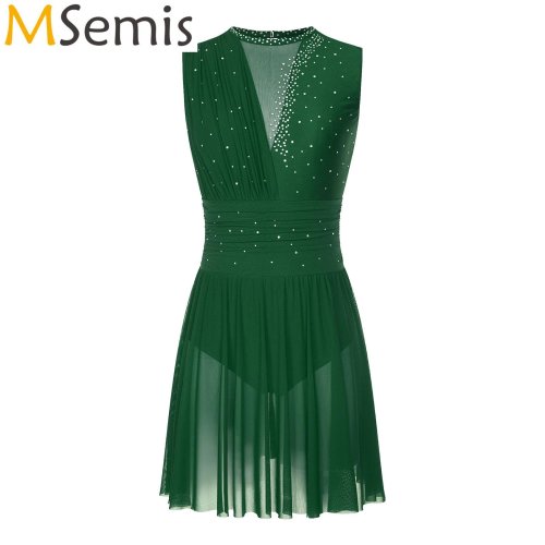 Image of Womens Glittery Rhinestones Artistic Skating Dress Rhythmic Gymnastic Ballet Lyrical Dance Dress Contemporary Ballerina Dresses