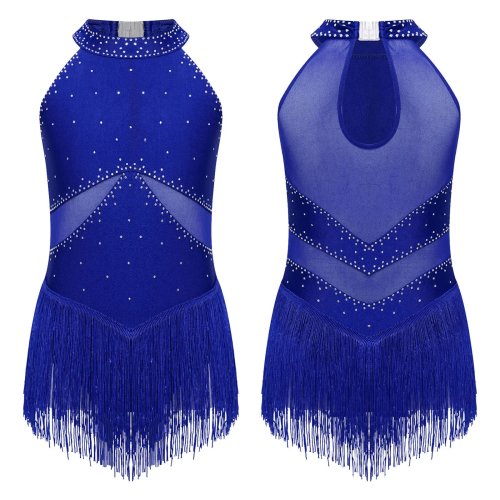 Zdjęcie Dziecięce body bez rękawów z frędzlami – elegancki leotard do tańca latynoskiego, jazzu i występów scenicznych z cekinami, idealny dla gimnastyki i łyżwiarstwa