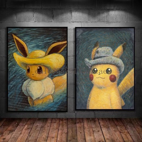 Afbeelding van Van Gogh Museum Pokémon Anime Figuur Pikachu Aquarel Canvas HD Poster en Abstracte Kunst Muurschildering voor Thuisdecoratie