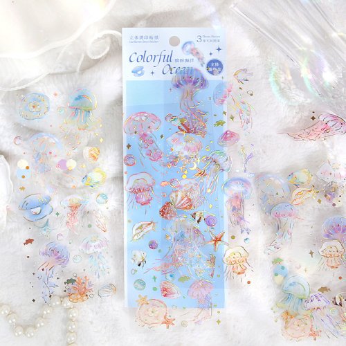 Bild von 3 Blatt/Packung Laser Bronzing PET Heißprägung Qualle Niedlicher Bär Hund Blumen Transparente dekorative Aufkleber