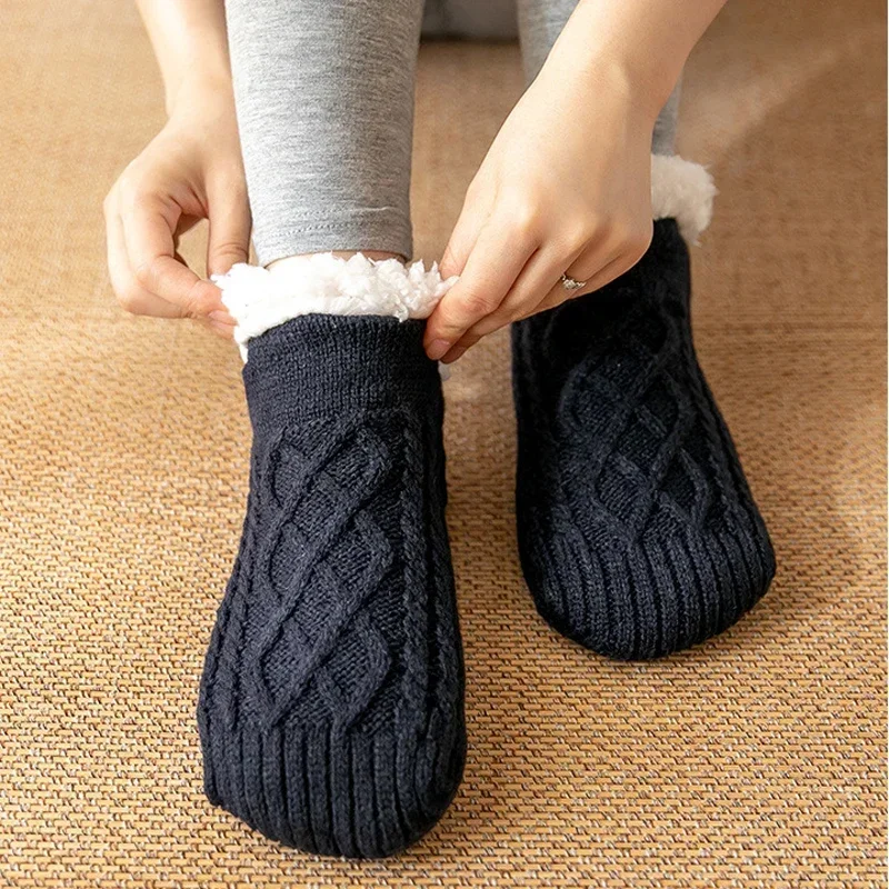 Image of Warm Non Slip Socks Thermal Men Winter Short Cotton Thick Family Sleep Soft Grip Plush Floor Slipper Sock Fluffy Women Male 2025