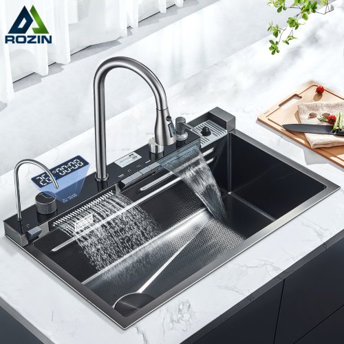 Imagen de Fregadero de Cocina de Acero Inoxidable con Grifo Digital, Cuenco Individual Grande, Caudal Cascada y Lluvia, 5 Funciones Integradas