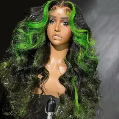 Image de Perruque Lace Front Synthétique Body Wave 30" - Reflets Bruns & Verts
