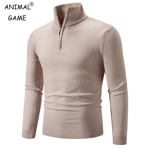 Imagen de Nuevo suéter para hombre, jerséis con media cremallera, suéter de punto de algodón con cuello levantado cálido para invierno, ropa de chándal de Color sólido para hombre