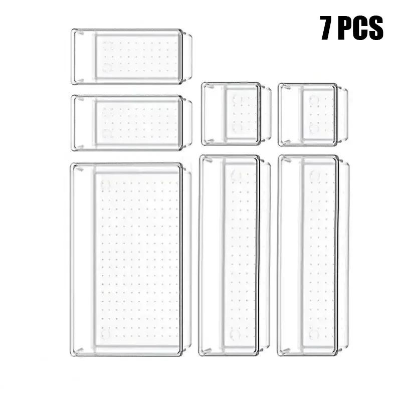 Bild von 7-teiliges vielseitiges Schubladen-Organizer-Set aus transparentem Kunststoff mit Tabletts und Trennwänden in 4 Größen – Ideal für Make-up, Küche und perfekte Aufbewahrung