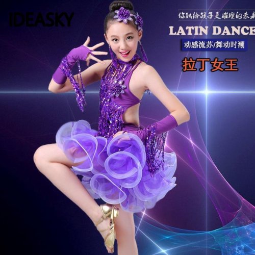 Immagine di Abito da ballo latino con nappe con paillettes per ragazze salsa cha cha samba tango abiti da ballo da sala per bambini con frange professionali per bambini