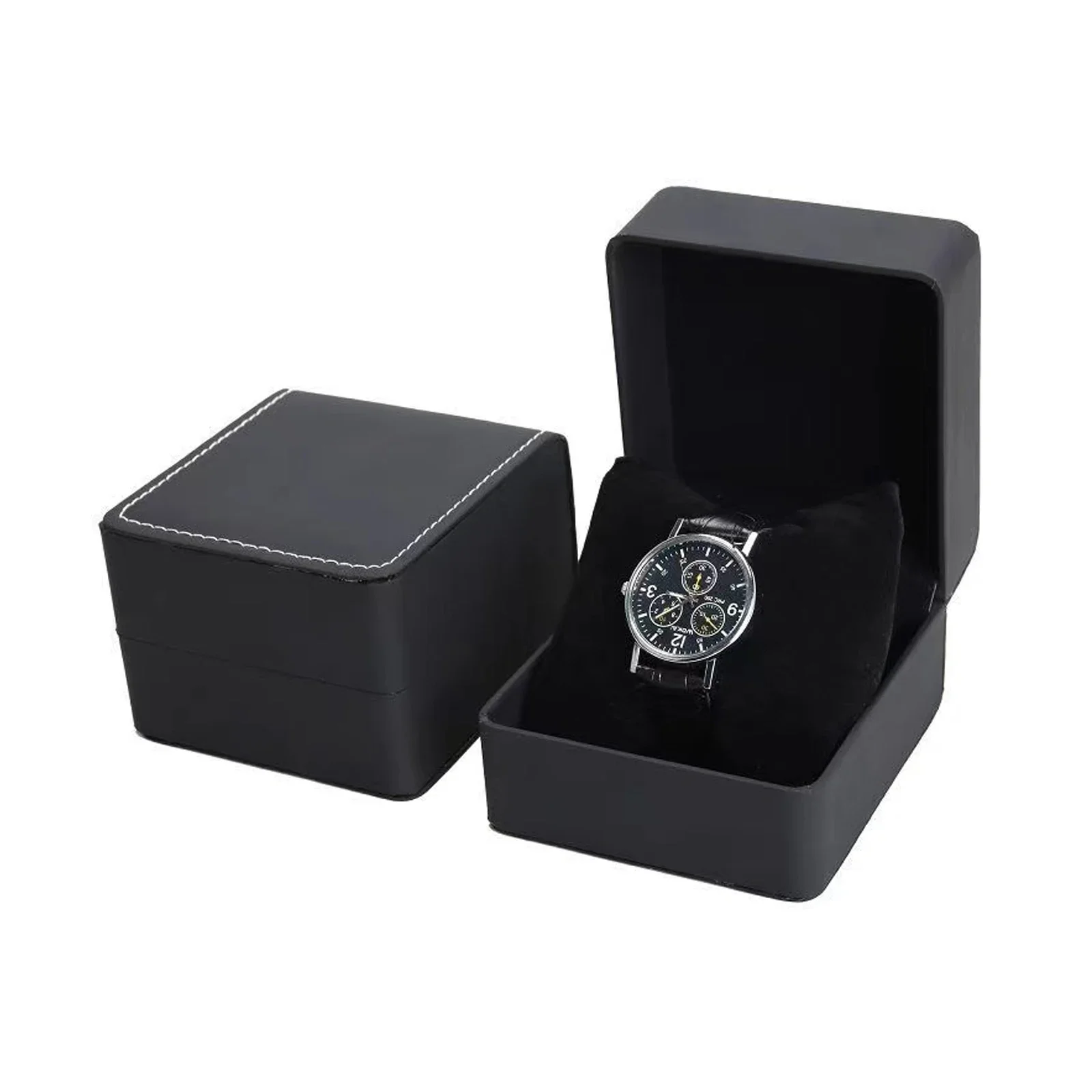 Image of Elegant Black Single Watch Gift Box with Pillow-Lined PU Leather Clamshell Case – Premium Wristwatch Display Organizer for Men
