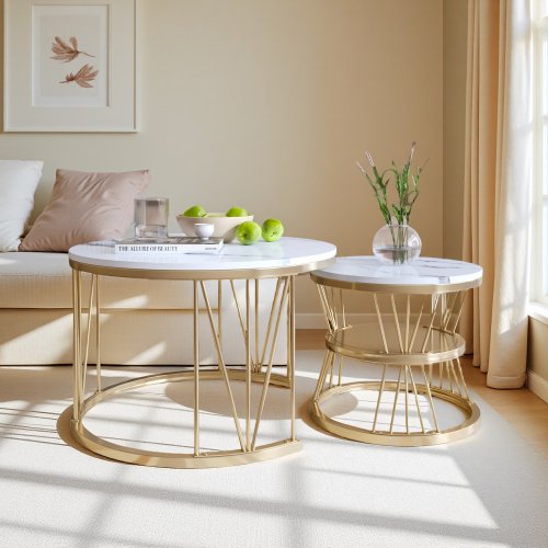 Image of Elegant Round Marble Coffee Table Set of 2 with Metal Frame – Stylish Sofa Side Tables for Living Room, Balcony, or Office