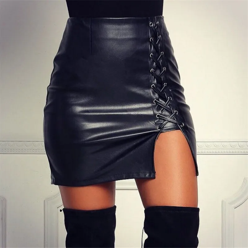 Image of Elegant High-Waisted Black PU Leather Mini Skirt with Front Split for Women – Spring Bodycon Above-Knee Style