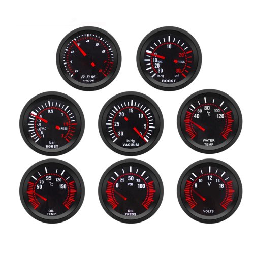 Image of Universal 52mm 7-in-1 Car Gauge Set with Smoke Lens - Tachometer, Boost, PSI, Vacuum, Water Temp, Oil Temp, Oil Pressure, Voltmeter for 12V Vehicles