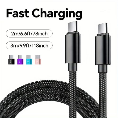 Afbeelding van 66W 5A Nylon USB-C naar USB-C Snellaadkabel van 1m, 2m en 3m voor iPhone 15/16 Pro Max, Samsung Galaxy S24, Xiaomi, Oppo en andere smartphones