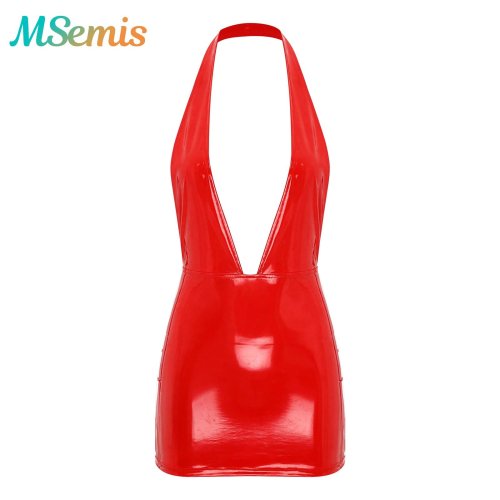 Image of Womens Skinny Latex Mini Skirt Mini Dress Patent Leather Glossy Wet Look Bodycon Latex PVC Dress Wetlook Rave Party Clubwear
