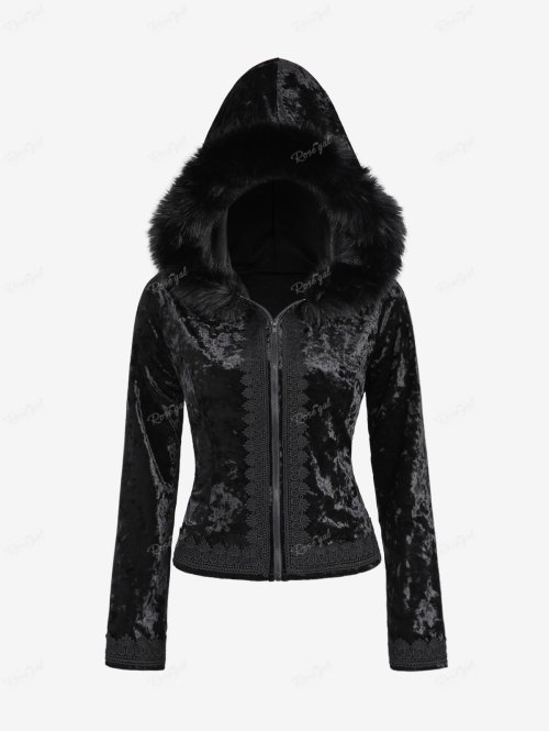 Imagen de Abrigo Gótico de Piel para Mujer en Talla Grande con Panel Negro, Cremallera Completa, Adorno de Piel y Cuello Esponjoso - Abrigo de Terciopelo con Manga Larga