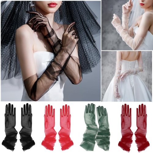 Immagine di Guanti da Donna in Tulle Ultra Leggero, Guanti a Rete Velati Lunghi con Copertura al Gomito, Modello Vintage per Abito da Sposa e Protezione Solare