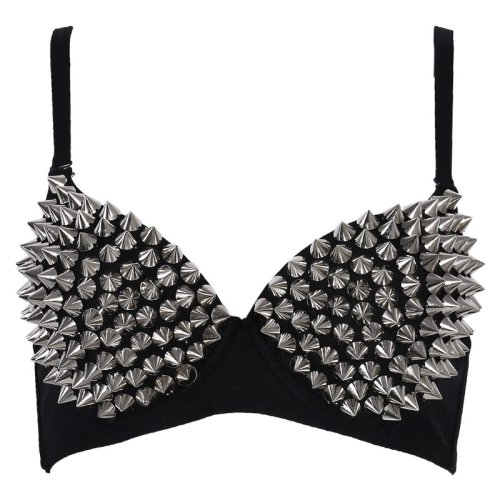 Imagen de Bralette Punk Rave con remaches plateados para mujer, lencería gótica, Top Sexy de realce, sujetador para fiesta en club nocturno, Bar, sujetadores calientes a la moda