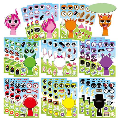 Imagen de Juego de Pegatinas Divertidas de Anime Sprunki con 8 Hojas para Armar Caras, Rompecabezas Creativo y Juguetes Educativos para Niños, Ideal como Regalo de Fiesta