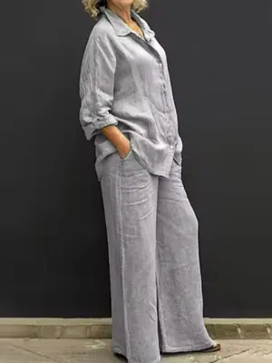 Image de Ensemble Lin Vintage 2 Pièces Femme - Chemisier & Pantalon