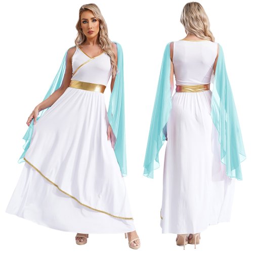 Immagine di Costumi da dea Toga greca antica da donna Festa di Halloween Scollo a V senza maniche Finiture dorate Toga Grecia Regina romana Abito cosplay