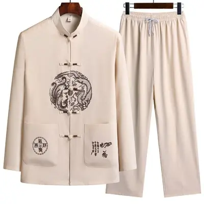 Image de Ensemble Chinois Homme - Chemise & Pantalon Imprimé 100% Coton
