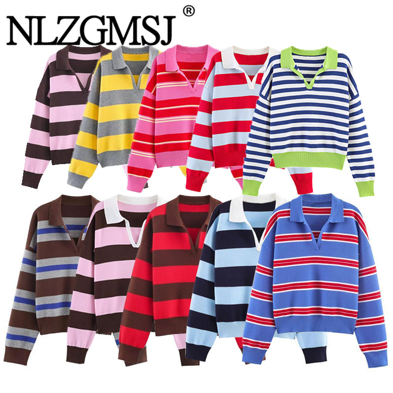 Bild von Nlzgmsj 2025, Herbst High Street Chic Frauen Gestreifte Gestrickte Pullover Frauen Volle Hülse Vintage Stil Tops