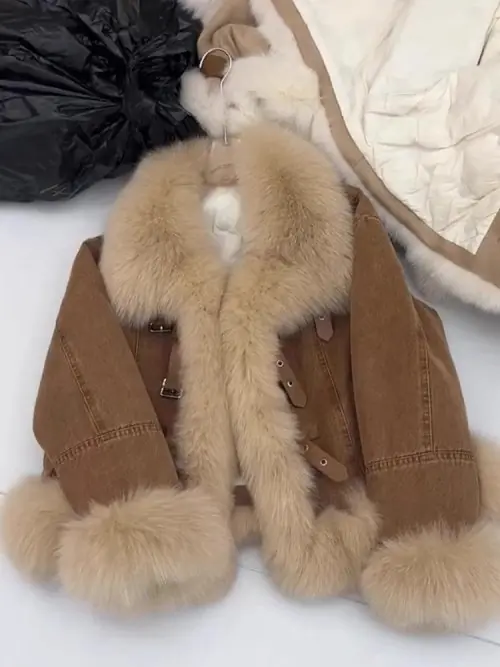 Image de Manteau Court Peluche Marron Femme - Style Décontracté Automne-Hiver