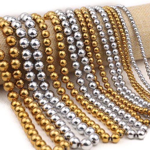 Image of Natural 10mm Round Hematite Spacer Beads with Gold-Color Vacuum Plating – Non-Magnetic Loose Beads for DIY Jewelry Making and Bracelet Crafting