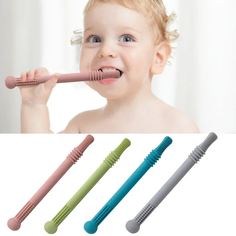 Imagen de Juguete seguro masticable para bebé, mordedor de paja Molar de silicona, juguetes para la dentición del bebé, mango de silicona Molar, juguete de seguridad para bebé