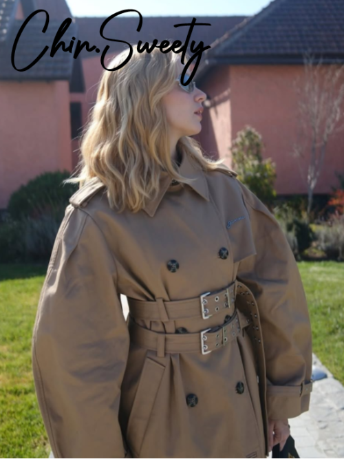 Imagen de Cortavientos Elegante para Mujer con Doble Cinturón, Chaqueta Informal de Color Caqui con Botones de Solapa, Ropa de Calle para Otoño e Invierno 2025