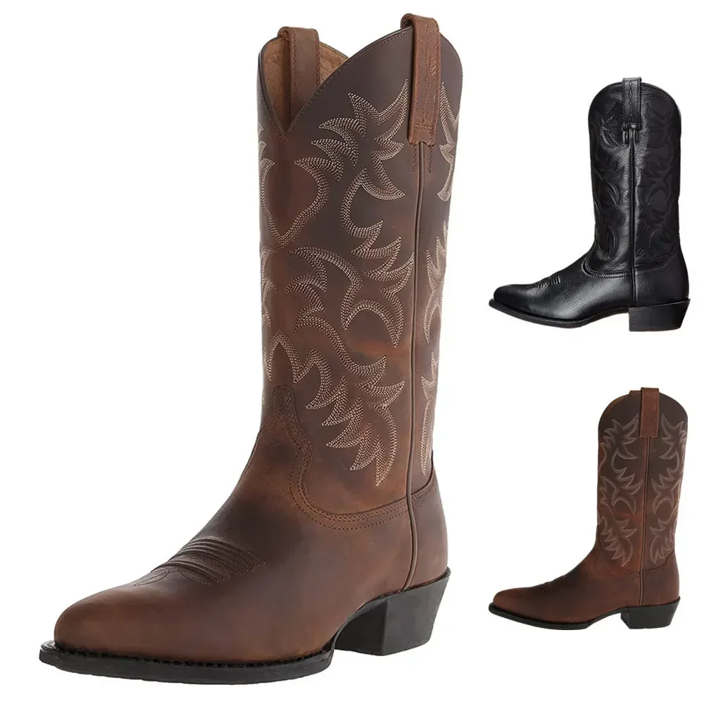 Immagine di Stivali da Cowboy da Uomo Fatti a Mano in Pelle Autentica con Ricami Western, Modello a Mezza Caviglia con Punta Allungata, Stivali da Equitazione Slip-On per Uomini