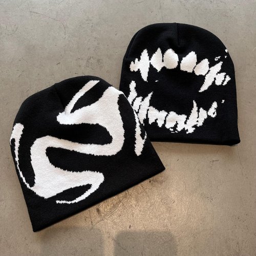 Zdjęcie Czapka zimowa w stylu Y2K – unisex, ciepła, z dzianiny, w modnym gotyckim designie z zębami, idealna dla fanów streetwear, K-pop i Harajuku