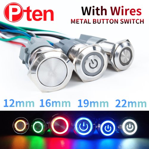 Image of Waterproof Metal Push Button Switch with LED Ring Light – 16mm, 19mm, 22mm Sizes, Momentary & Latching, 5V-220V, Silver Finish, 1NO+1NC, Wire Terminal for Home Automation and Industrial Use