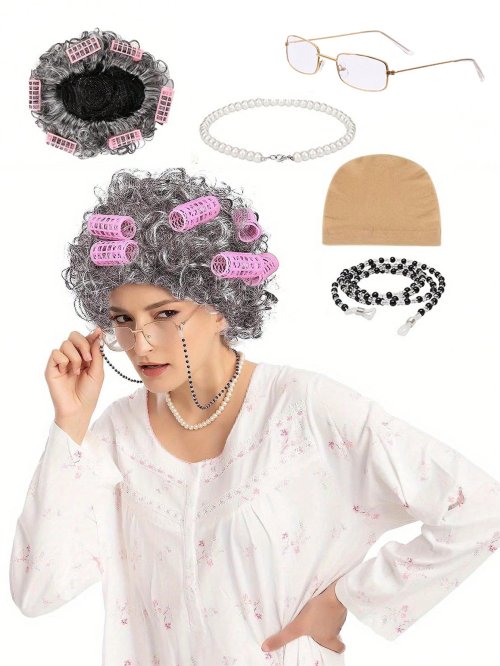 Bild von Kostümset für alte Damen – synthetische Perücken für Großmutter, Perückenkappen, Oma-Gläser, Brillenhalsketten, Perlenketten