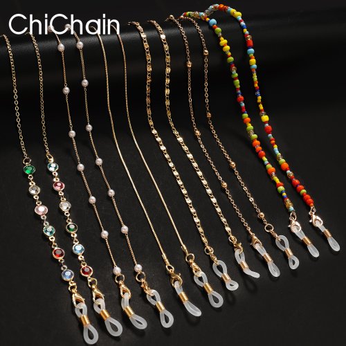 Immagine di Catene per Mascheratura Occhiali da Sole Donna con Cristalli e Perle Acriliche - Cordino in Vetro, Gioielli di Moda 2022