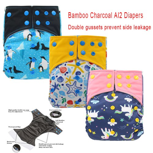 Image of OhBabyKa Double Gusset AI2 Bamboo Charcoal Cloth Diaper – Reusable, Eco-Friendly Pocket Nappy for Babies