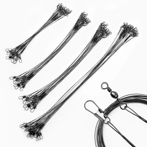 Afbeelding van 20 stuks anti-kauw staaldraad vislijn 15-30 cm met swivel – robuuste leadcore leash voor zee- en riviervisserij