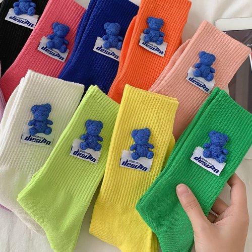 Immagine di Calzini da Donna Primavera Estate con Orso Blu – Calze Divertenti Kawaii Stile Coreano, Moda Giapponese Gyaru, Perfetti per Outwear e Look Carini